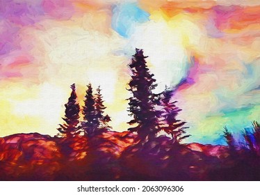 original art, acrylic painting of trees and violet sky on canvass