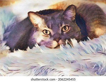 Original art, painting of grey cat with yellow eyes on canvass