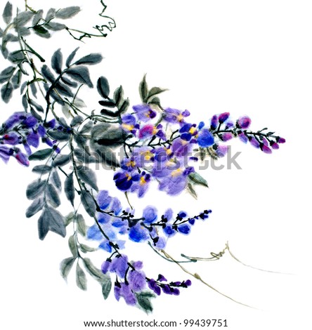 original art, watercolor oriental style painting of plum blossoms on vine