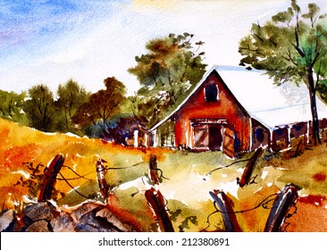 Original Art, Watercolor Painting Of Barn In Fall