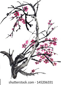 Original Art Watercolor Painting Graceful Cherry Stock Illustration ...