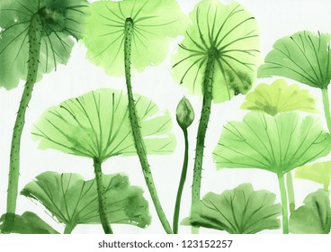 Original art, watercolor painting of green lotus leaves, Asian style painting