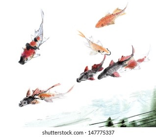 Original Art, Watercolor Painting Of Koi Swimming