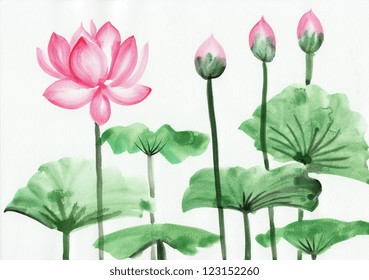 Original art, watercolor painting of pink lotus, Asian style painting