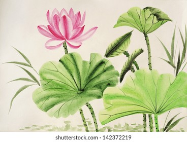Original art  watercolor painting pink lotus flower  Asian style painting
