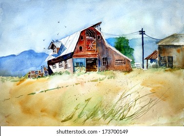 Original Art, Watercolor Painting Of Rural Barn