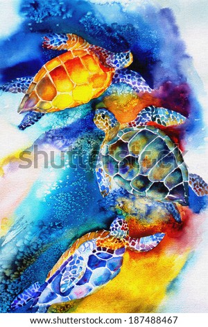 original art, watercolor painting of sea turtles swimming