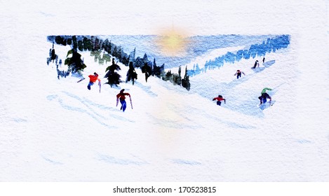 Original Art, Watercolor Painting Of Ski Slope With Sun Over Mountains