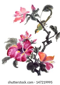 Original Art, Watercolor Painting Of Songbird And Hibiscus Flower In Bloom