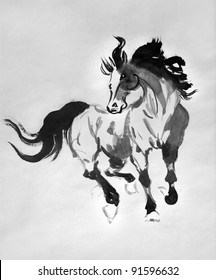 Original Artwork, Chinese Brushwork Painting Of Wild Horse, Concept Freedom