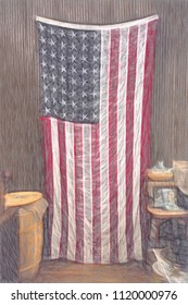 An Original Artwork Created With Digital Filters To Simulate An Impressionism Painting Of A 48 Star American Flag Hanging In An Antique Store. Taken From A Photo. Vertical