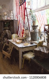 An Original Artwork Created With Digital Filters To Simulate An Impressionism Painting Of An American Flag Hanging In An Antique Store. Taken From A Photo. Vertical