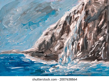 Original author painting. Artwork. Rocky dark coast in winter. Cold blue colors of the sea and windy sky. Waterfall frozen covered with light blue ice. Frozen water, ice and white snow. Stone Cliff.  - Powered by Shutterstock