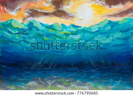 original Beautiful blue turquoise underwater world, sea waves, yellow orange sky, white sun, bright nature, reflection of sun rays on sea bottom oil painting. Abstract artwork. Colorful Art.