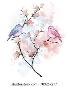 Original, Designer Print. Watercolor, Illustration.A Couple In Love. Birds On A Branch. Roses. Gentle, Pink, Blue.