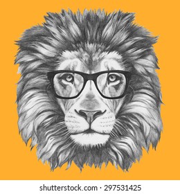 Original Drawing Of Lion With Glasses. Isolated On Colored Background