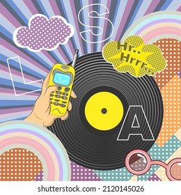 Original Free Style Collage With Vinyl Record, Rainbow, Glasses And Hand With Old Cell Phone