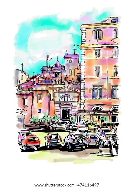 original freehand watercolor travel\
card from Rome Italy, old italian imperial building with people\
walking and cars, travel book raster version\
illustration