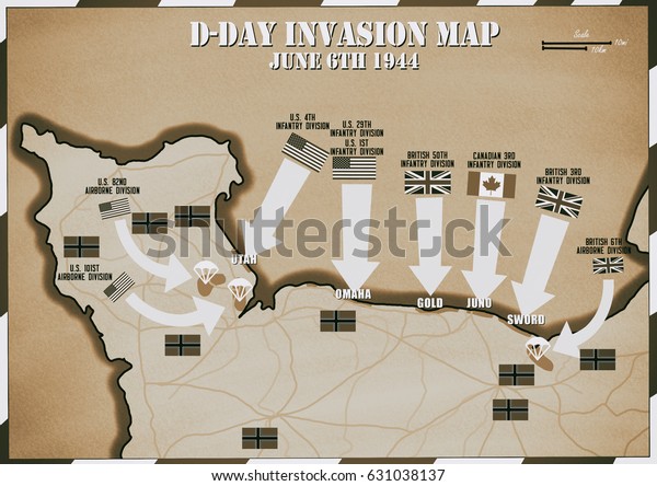Original hand\
drawn map. D-Day Invasion of Normandy, France. Areas controlled by\
the allies by12th June\
1944..
