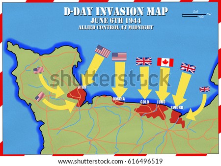 Original hand drawn map. Extent of allied control at mid night. D-Day Invasion of Normandy, France. Allies invaded German occupied Europe. 6th June 1944