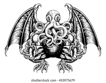 An original illustration of a Cthulhu monster in a woodblock style