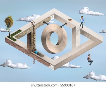 Original Illustration Of An Impossible Architectural Structure