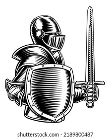 An original illustration medieval knight and sword   shield  In vintage engraved etching woodcut style 