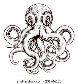 An original illustration of an octopus in a dynamic woodblock style