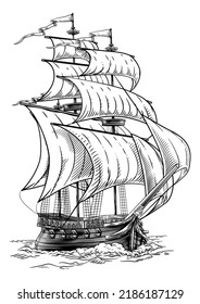 An original illustration of an old fashioned sailing ship or boat in a vintage etching woodcut style.