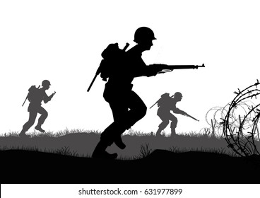 Original illustration. US Infantry soldiers fight a battle in Europe during World War 2.