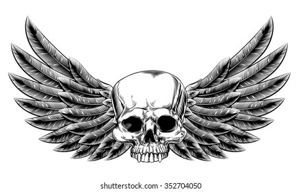 Original illustration of vintage woodcut style skull with eagle bird or angel wings 