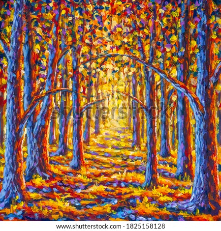 Original impressionism oil painting Gold autumn tree in forest park alley paintings monet nature claude