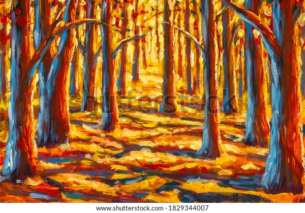 Original impressionism oil painting Gold autumn tree in forest park alley 3d nature wall paintings by Claude Monet.