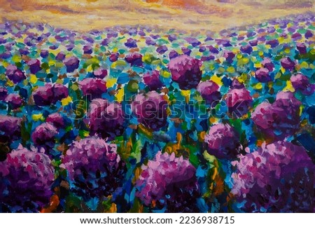 Original Impressionist Art landscape flower meadow artylic Pink purple Flowers wildflower in blue green grass using oil paints