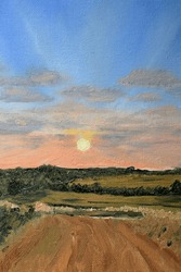 Original Landscape Oil Painting Of A Beautiful Sunset Over The English Cotswolds Countryside