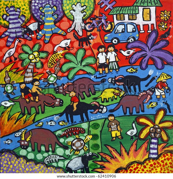 Original naive art acrylic painting of colorful rural village lifestyle in harmony with nature.