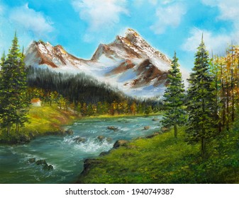 Original  Oil Painting Of Beautifl Spring Landscape, Forest,snow Mountains  And River  On Canvas.Modern Impressionism, Modernism,marinism
