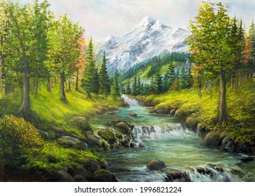 Original  Oil Painting Of Beautifl Spring Landscape, Forest,snow Mountains  And River  On Canvas.Modern Impressionism, Modernism,marinism
