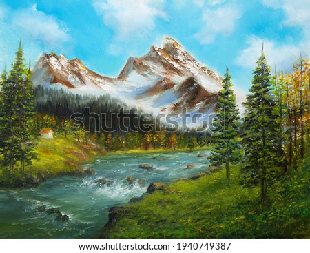 Original  oil painting of beautifl spring landscape, forest,snow mountains  and river  on canvas.Modern Impressionism, modernism,marinism