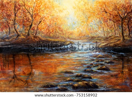 Original  oil painting of beautiful autumn forest and river  on canvas.Modern Impressionism, modernism,marinism
