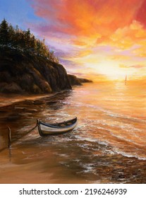 Original  oil painting beautiful golden sunset over ocean beach Fishing boatand cliffs  canvas Modern Impressionism  modernism marinism