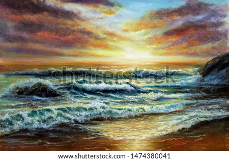Original  oil painting of beautiful golden sunset over ocean beach on canvas.Modern Impressionism, modernism,marinism