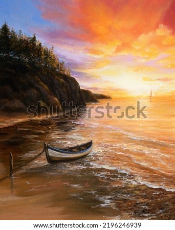 Original  oil painting of beautiful golden sunset over ocean beach.Fishing boatand cliffs  on canvas.Modern Impressionism, modernism,marinism