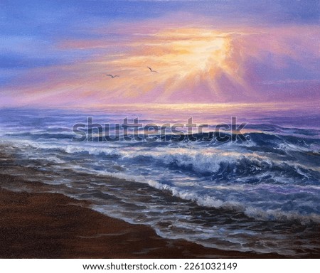 Original  oil painting of beautiful golden sunset over ocean beach on canvas.Modern Impressionism, modernism,marinism