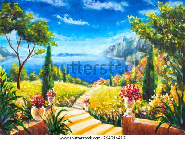 オリジナルの油彩美しいイタリアの夏の風景 海の芸術作品への道 花と花の花 青い海の背景に大きな緑の木 海の美しい山々 夏の日の風景 のイラスト素材