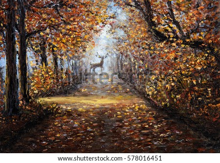 Original  oil painting of beautiful park or forest on canvas.Deer at the end of path.Modern Impressionism, modernism,marinism