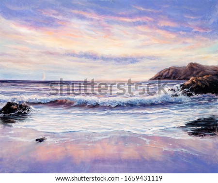 Original  oil painting of beautiful purple sunset over ocean beach on canvas.Modern Impressionism, modernism,marinism