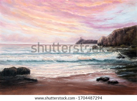 Original  oil painting of beautiful purple sunset over ocean beach and lighthouse on canvas.Modern Impressionism, modernism,marinism