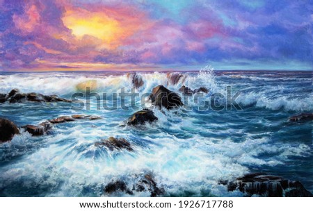 Original  oil painting of beautiful purple sunset over ocean beach with cliffs on canvas.Modern Impressionism, modernism,marinism