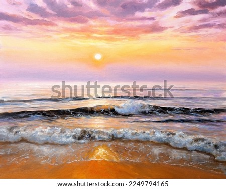 Original  oil painting of beautiful purple sunset over ocean beach on canvas.Modern Impressionism, modernism,marinism